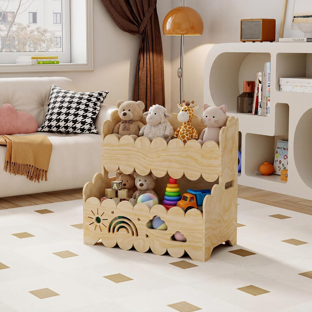 Solid Wood 2-Tier Kids Toy Storage Organizer, Kids Bookshelfs,Montessori Bookshelf Large Stuffed Animal Storage Bin Toddler Playroom Toy Box, Suitable for Kids Rooms, Nursery, Toddler Book Rack