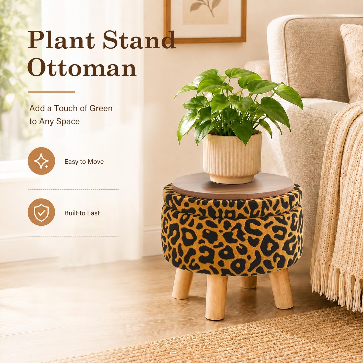 Wimarsbon Storage Ottoman, Modern Round Footrest with Soft Padded Seat, Pattern Velvet Footstool with Wood Legs, Accent Small Table or Plant Stand for Hallway, Living Room (Orange)