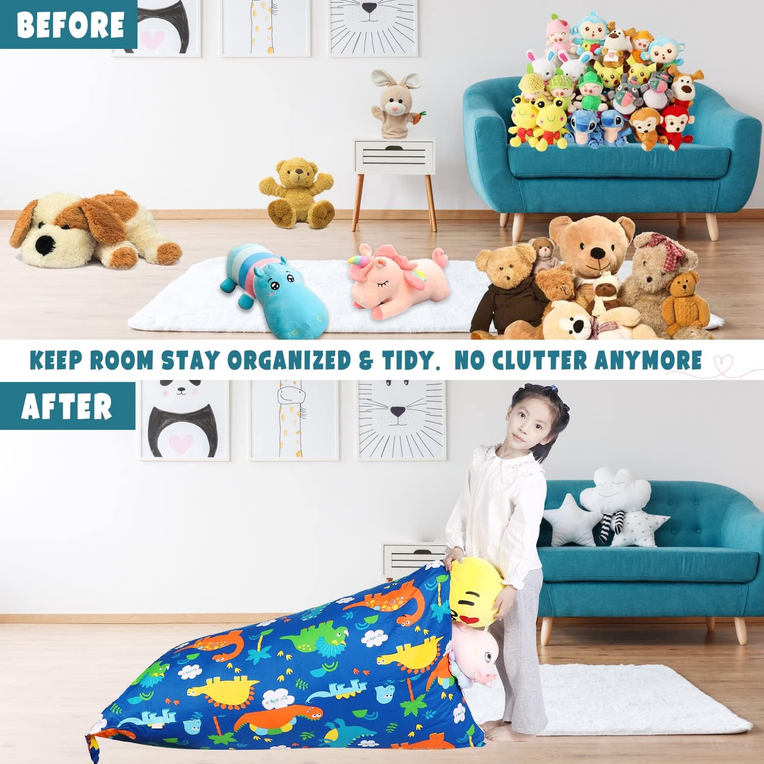 LOLOMLO Stuffed Animal Storage Bean Bag Chair Cover, Cotton Blue Dinosaur Plush Toy Storage Stuff and Sit Seat for Kids/Teens/Adults, 52" x 31" Extra Large Triangle Floor Sofa, 200L/52Gal, Cover Only