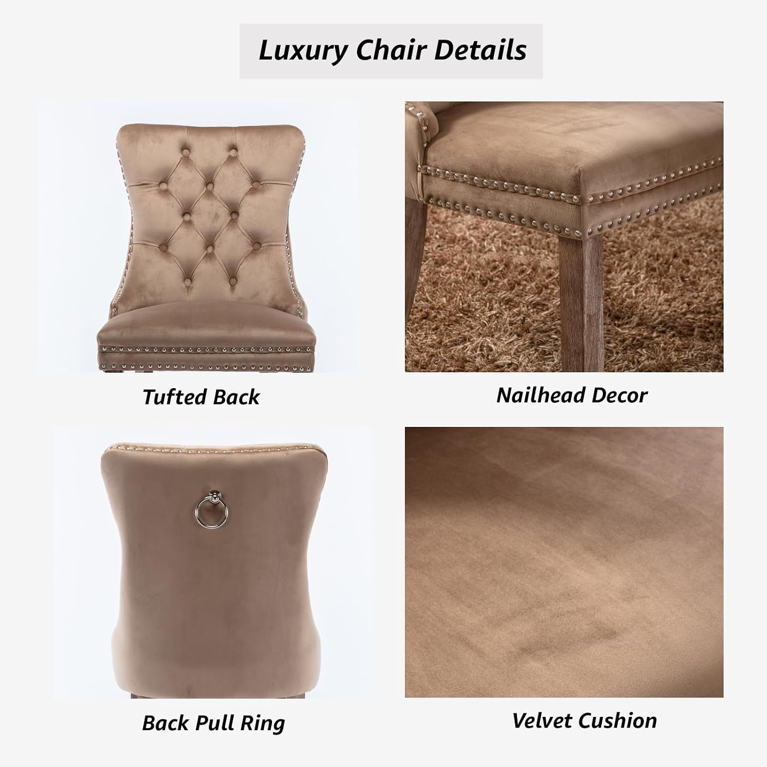 Espresso Brown Mid Century Modern Dining Chairs Set of 6, Velvet Upholstered Kitchen & Dining Room Chairs with Nailhead Trim & Solid Wood Legs, Elegant Sillas De Comedor (Coffee, 6 Pcs)