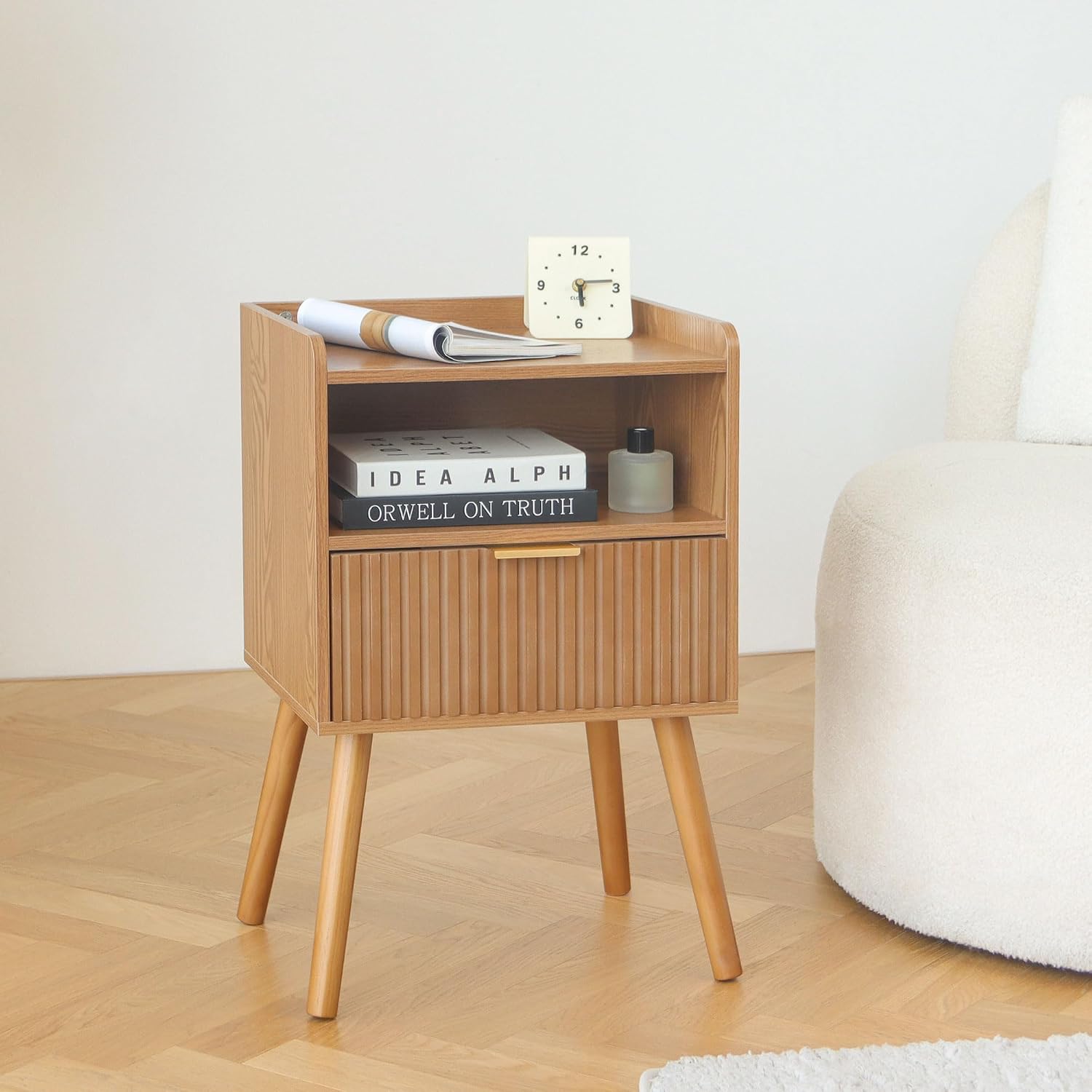 AWASEN Fluted Night Stand Set 2, Mid Century Modern Bedside Table Set of 2 with Storage Drawers, Wood Night Stand Side Table with Solid Wood for Living Room, Bedroom, Office and Small Space (Brown)