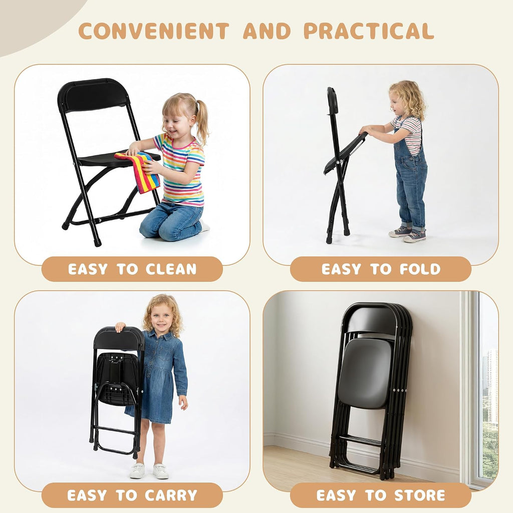 4 Pack Kids Black Plastic Folding Chair with Metal Frame for Toddler&Children, Lightweight and Stackable Foldable Seats for Indoor, Outdoor, Classrooms, Desks, Parties, Events