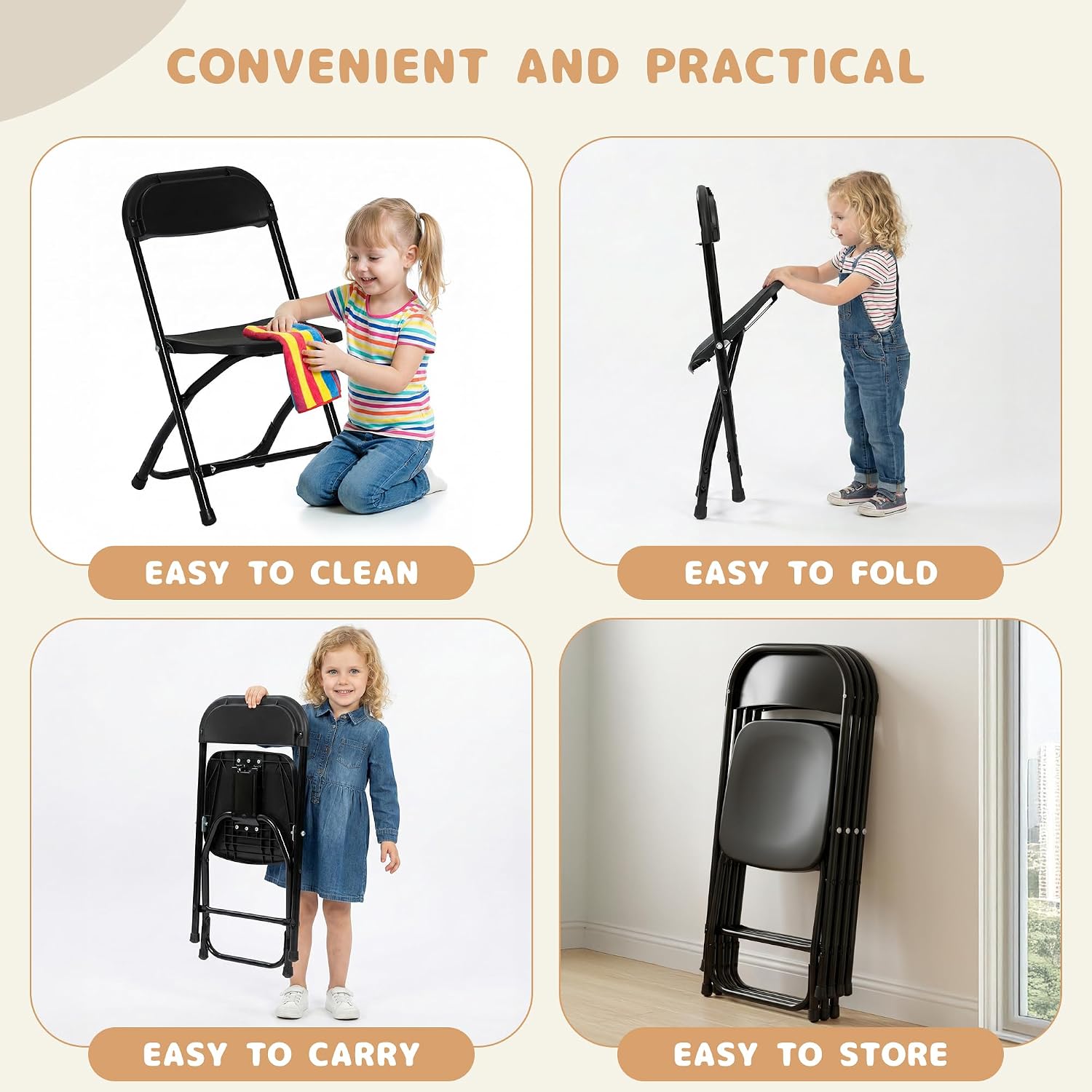 4 Pack Kids Black Plastic Folding Chair with Metal Frame for Toddler&Children, Lightweight and Stackable Foldable Seats for Indoor, Outdoor, Classrooms, Desks, Parties, Events