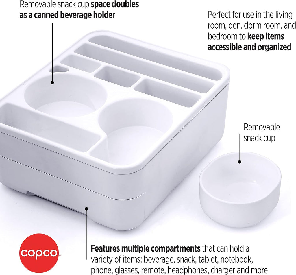 Copco Home Office Caddy Lazy Susan Organizer with Removable Snack Cup and Drawer - Desktop Turntable Storage for Snacks, Tablets, Phones, Remotes, Headphones - 10 x 8.5 x 4.5 Inches