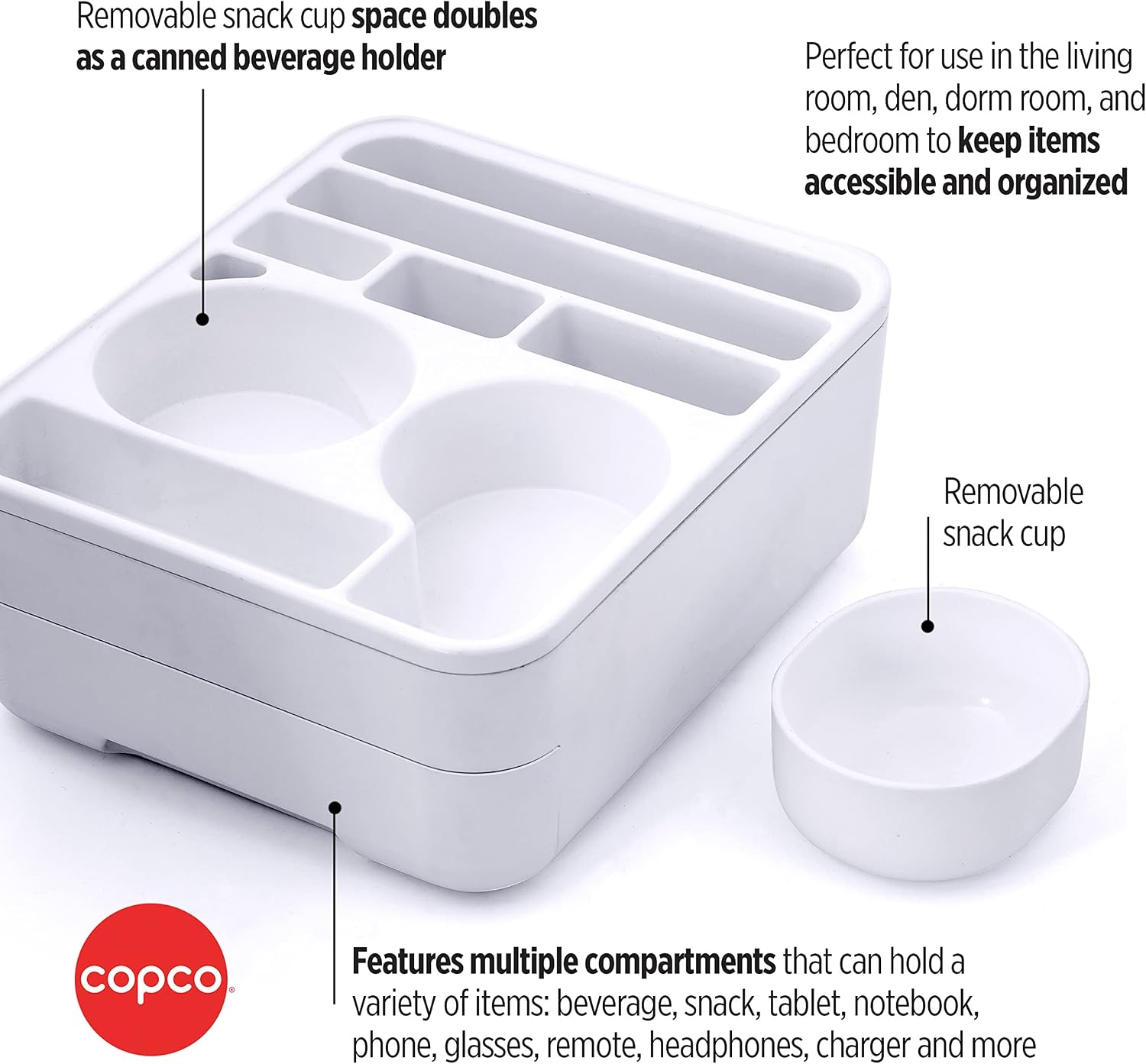 Copco Home Office Caddy Lazy Susan Organizer with Removable Snack Cup and Drawer - Desktop Turntable Storage for Snacks, Tablets, Phones, Remotes, Headphones - 10 x 8.5 x 4.5 Inches