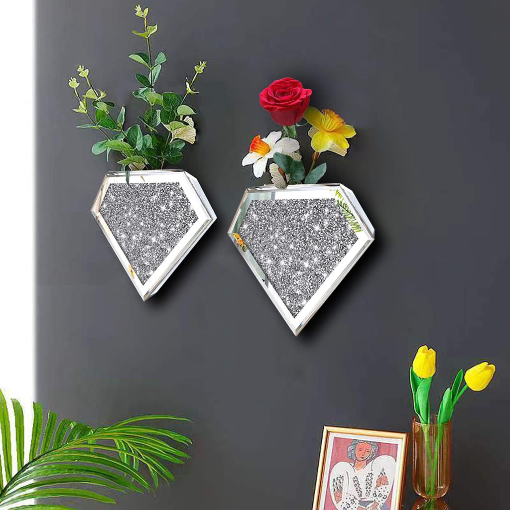 Flower Vase Crushed Diamond Hanging Planter& Geometric Decor Mirrored Container,Set of 2 Diamond Shape Decorative Vases Luxury for Home Decor. Befit for Artificial Flowers, Can't Hold Water.