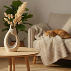 10" Ceramic Vase for Decor - Cute Abstract Cat Statue with Sandstone Texture, Modern Minimalist Boho Flower Vase for Dried Pampas Grass, Unique Heart Shape Lover Gifts for Women, Beige