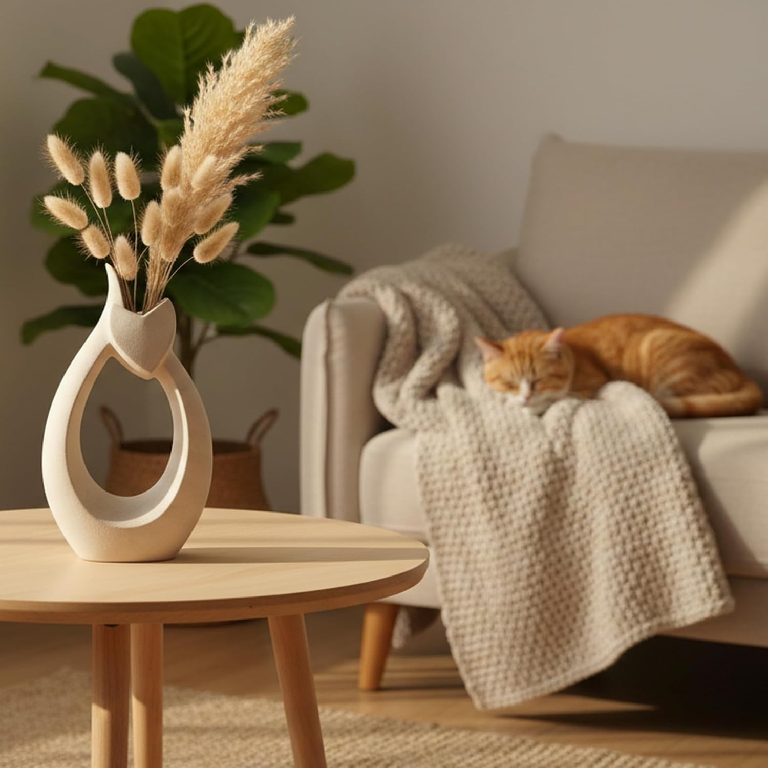 10" Ceramic Vase for Decor - Cute Abstract Cat Statue with Sandstone Texture, Modern Minimalist Boho Flower Vase for Dried Pampas Grass, Unique Heart Shape Lover Gifts for Women, Beige