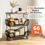 3-Tier Rolling Kitchen Storage Cart Fruit Basket Stand for Vegetables & Snacks Stackable Wire Pantry Floor Organizer with Wheels for Kitchen, Living Room, Bedroom, Office (Black)