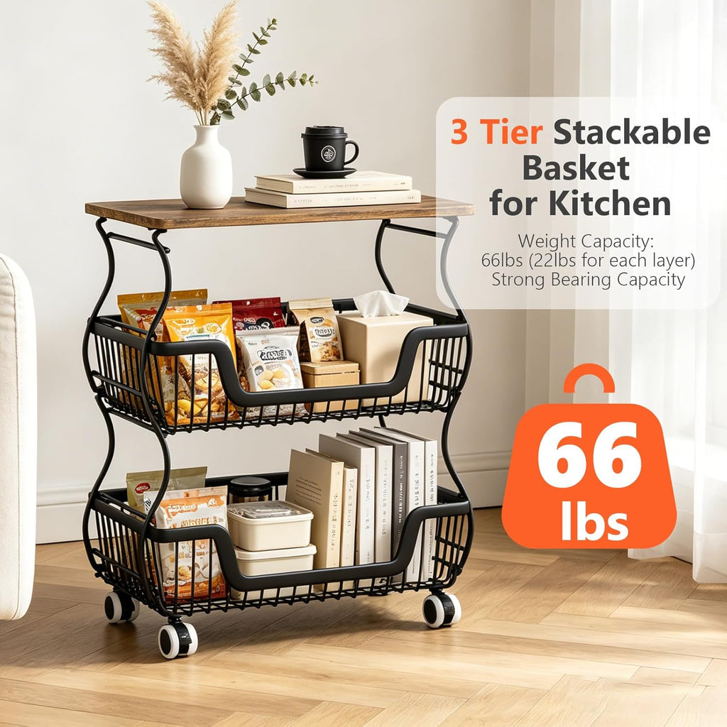 3-Tier Rolling Kitchen Storage Cart Fruit Basket Stand for Vegetables & Snacks Stackable Wire Pantry Floor Organizer with Wheels for Kitchen, Living Room, Bedroom, Office (Black)