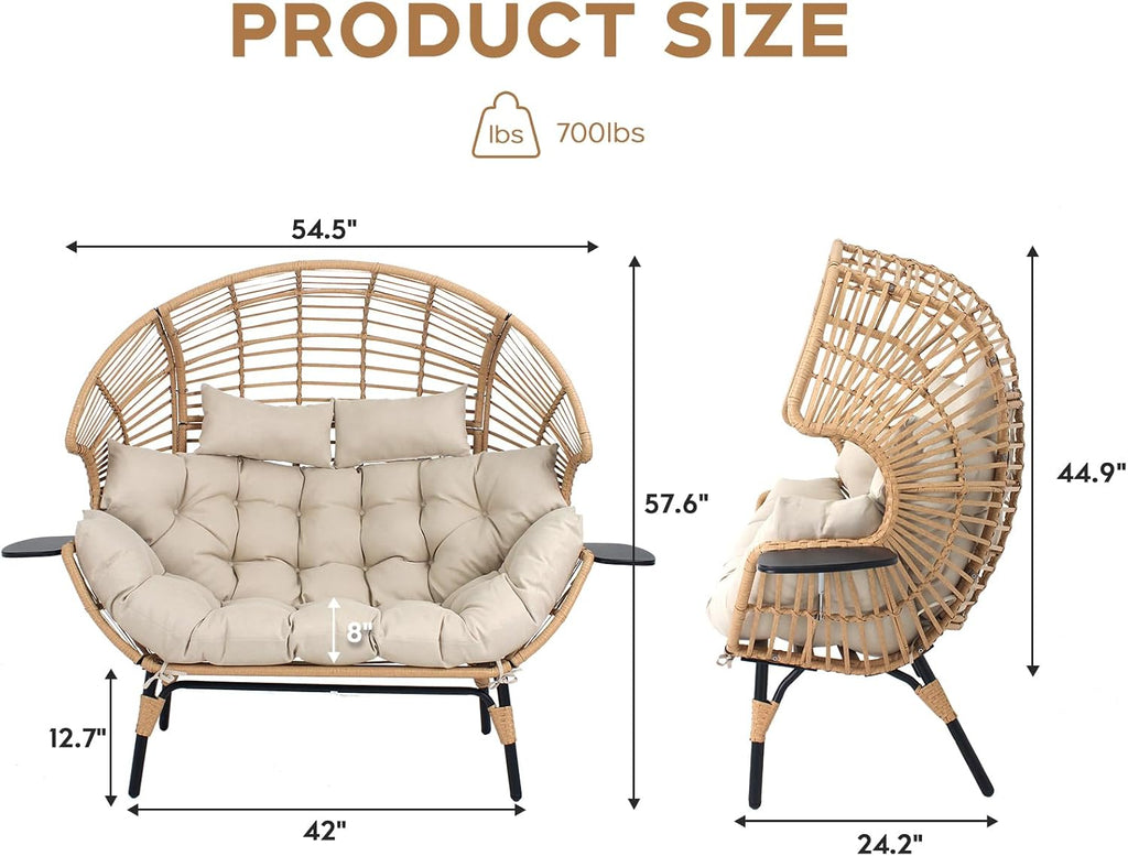 Double Egg Chair with Cup Holder Outdoor Indoor,2 Person Oversized Wicker Lounge Chair with 8” Thicken Cushions & Rain Cover 700lbs for Patio Balcony Porch Living Room