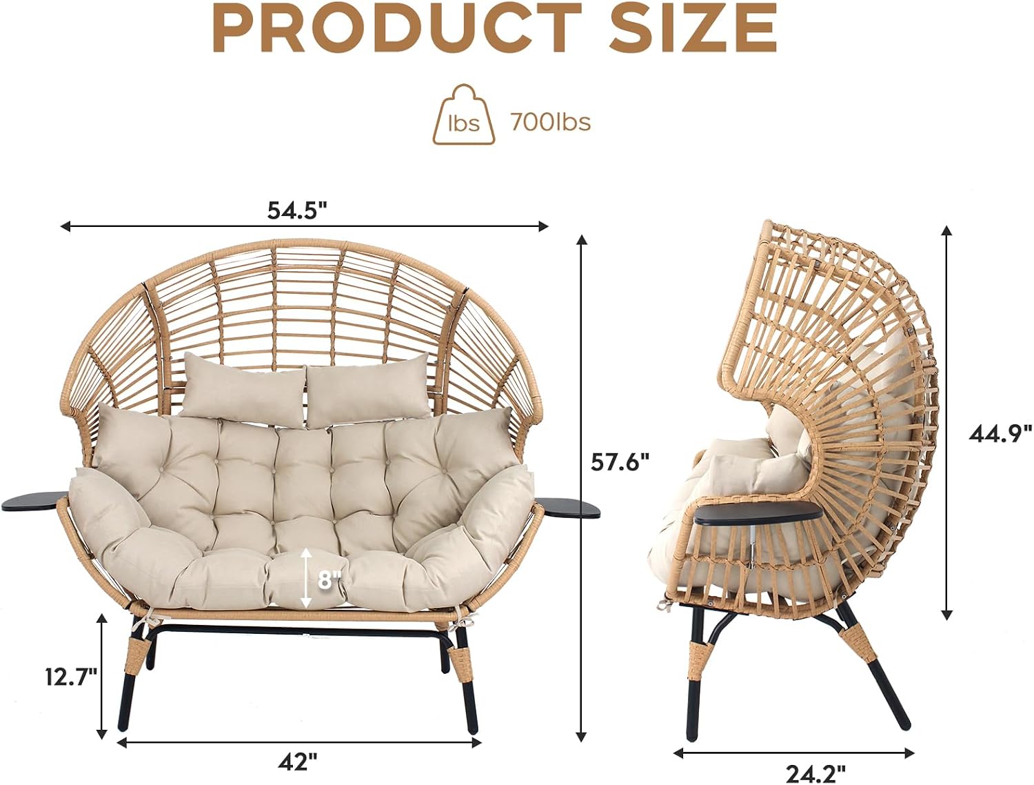 Double Egg Chair with Cup Holder Outdoor Indoor,2 Person Oversized Wicker Lounge Chair with 8” Thicken Cushions & Rain Cover 700lbs for Patio Balcony Porch Living Room