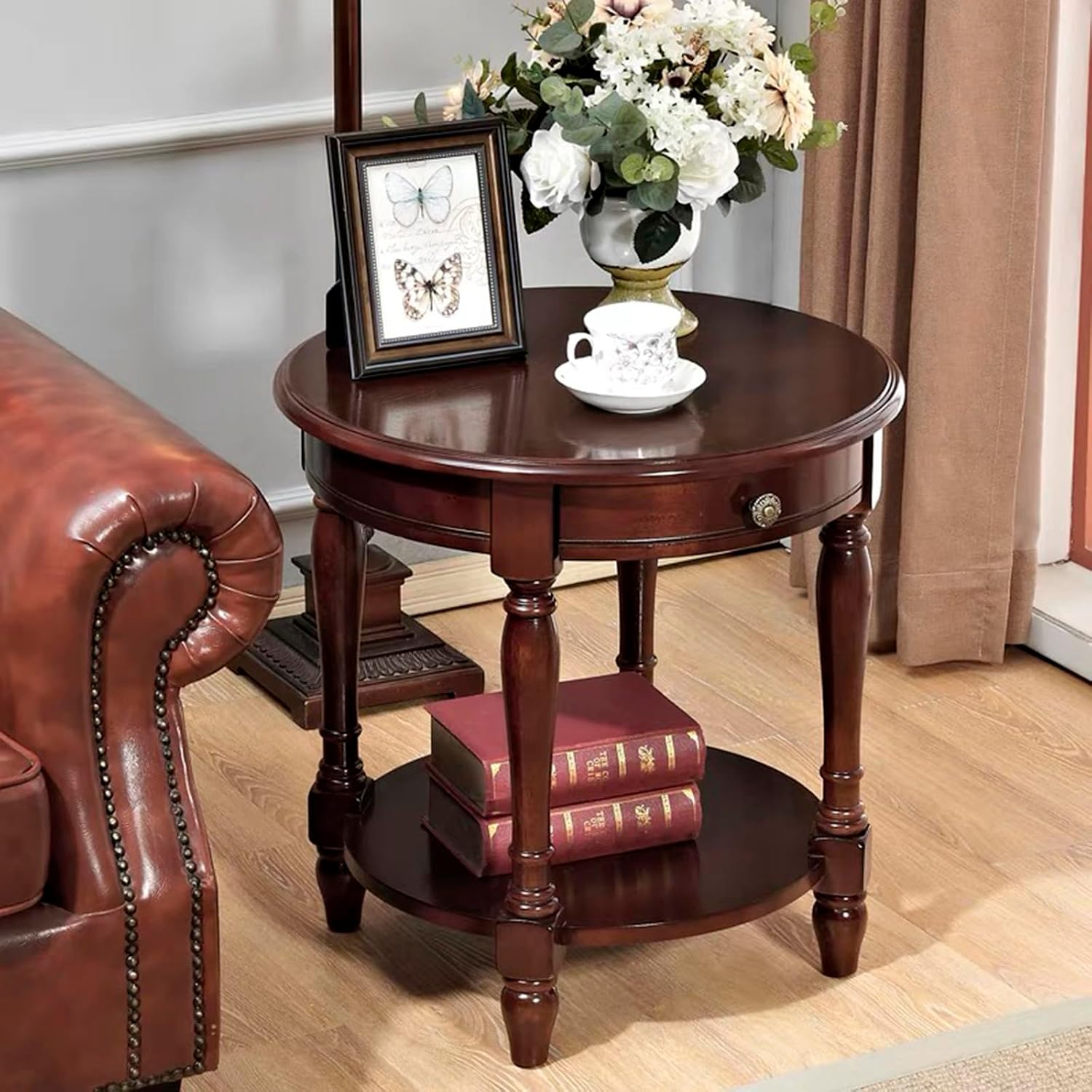 YUNMUARY-Solid Wood End Table Round Side Table with Drawers Vintage Nightstand Sofa Side Tables with Storage Shelf Traditional Retro End Tables for Small Spaces Living Room,Dark Brown