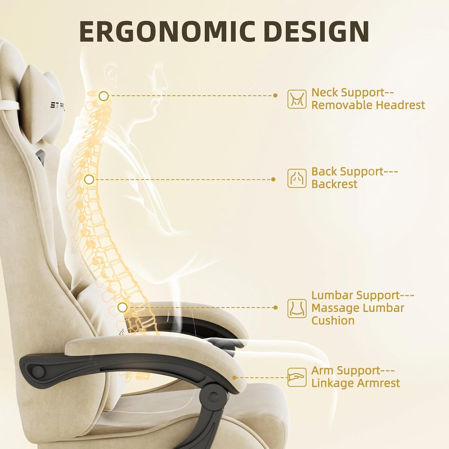 Gaming Chair Racing for Adult, Office Chair with Footrest Massage Lumbar Cushion, Velvet Fabric Reclining Video Game Chairs, Ergonomic Computer Chairs Height Adjustable, for Home Streaming, Beige