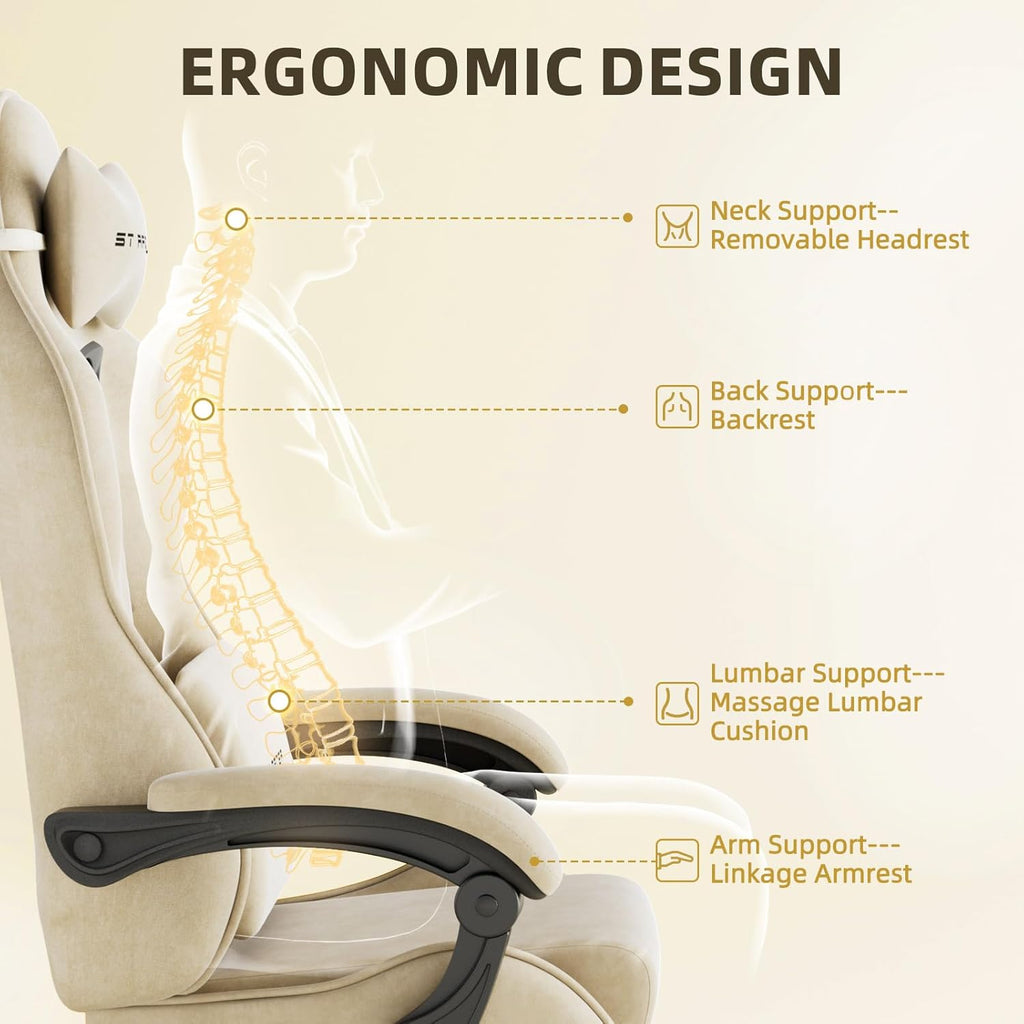Gaming Chair Racing for Adult, Office Chair with Footrest Massage Lumbar Cushion, Velvet Fabric Reclining Video Game Chairs, Ergonomic Computer Chairs Height Adjustable, for Home Streaming, Beige