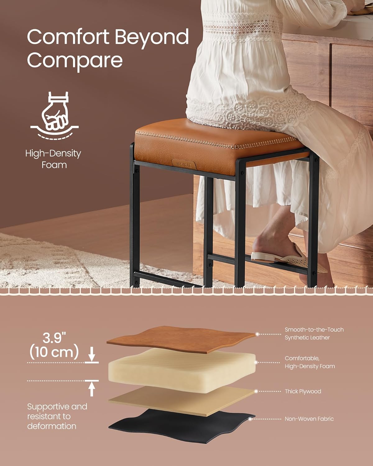 VASAGLE EKHO Collection - Bar Stools Set of 2, Counter Height Bar Stools, Synthetic Leather with Stitching, Mid-Century Modern, 26-Inch Tall, Kichen Home Bar Dining Room, Caramel Brown ULBC086K01V1
