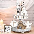 Jetec 12 Pcs Easter Decorations for Home Easter Tiered Tray Decor Set Christian He Is Risen Tray Decor Cross Wooden Sign Rustic Farmhouse Spring Table Religious Tabletop Farmhouse for Home Kitchen