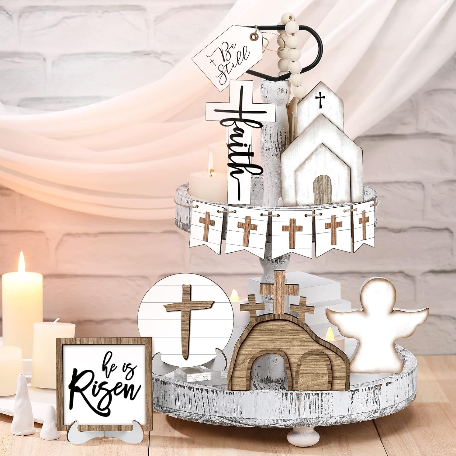 Jetec 12 Pcs Easter Decorations for Home Easter Tiered Tray Decor Set Christian He Is Risen Tray Decor Cross Wooden Sign Rustic Farmhouse Spring Table Religious Tabletop Farmhouse for Home Kitchen