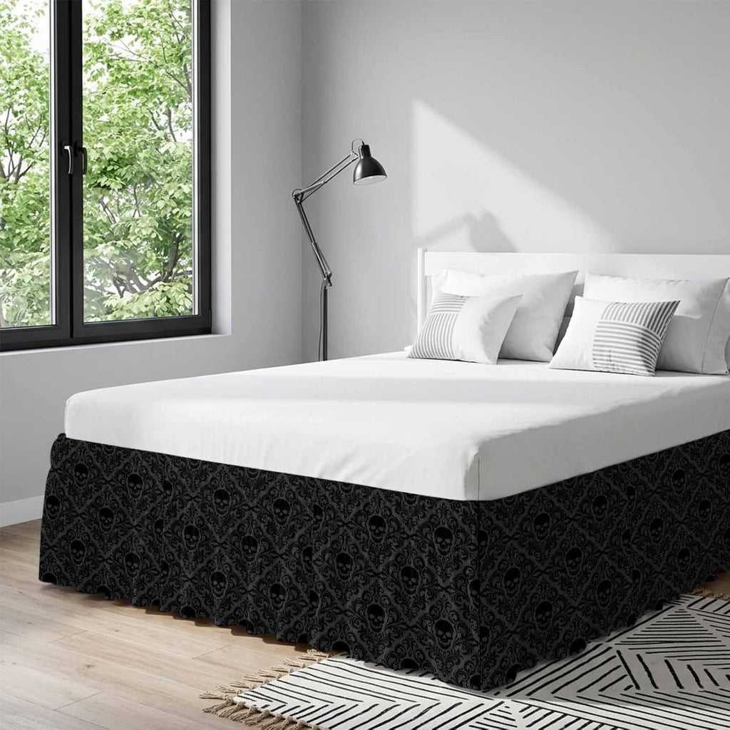 Black Skeleton Bed Skirt Queen Size 16 Inch Drop, Adjustable Elastic Bedskirt Dust Ruffle for Queen Bed, Light Blue Horror Skull Vintage Chic Art Wrap Around Bed Skirts Pleated Bed Frame Cover