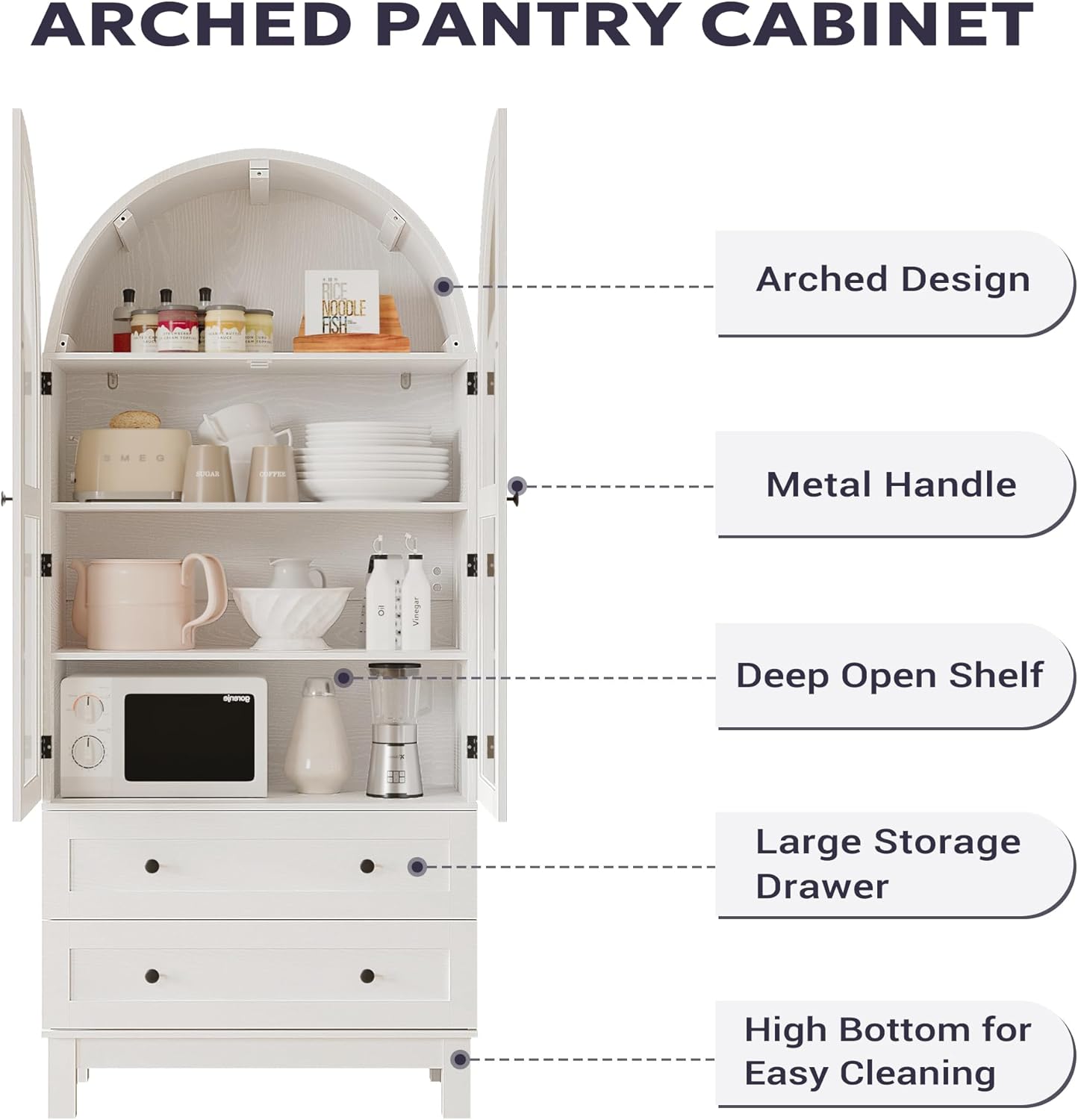 Furnify 71" Tall Arched Kitchen Pantry, Wood Pantry Cabinet with 2 Large Drawers and Glass Doors, Modern Farmhouse Versatile Cupboard for Kitchen, Dining Room, White