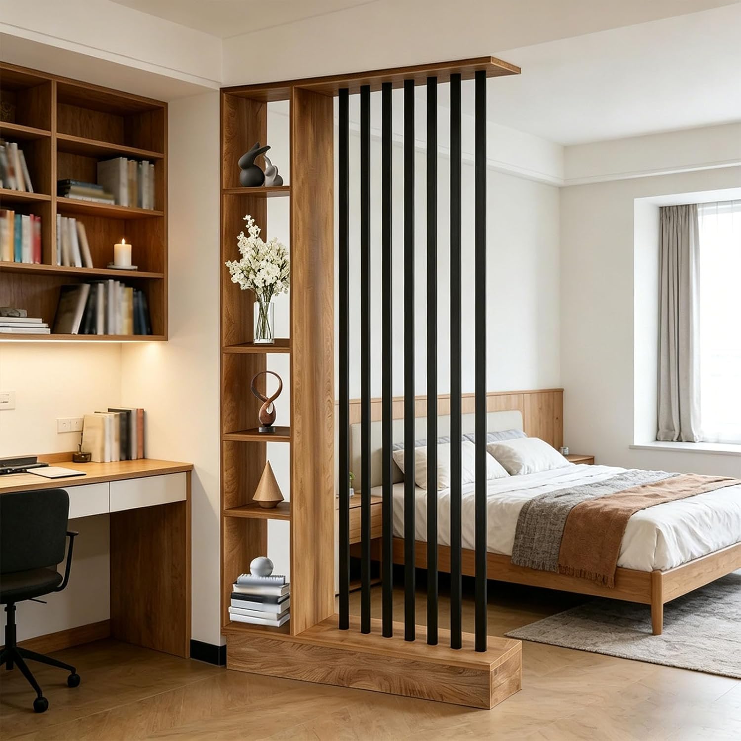 Room Divider with Shelves, Wall Room Divider with Storage Shelf, Easy to Assemble, Suitable for Home and Office Decoration (A Golden Oak + Black, 39.4in)