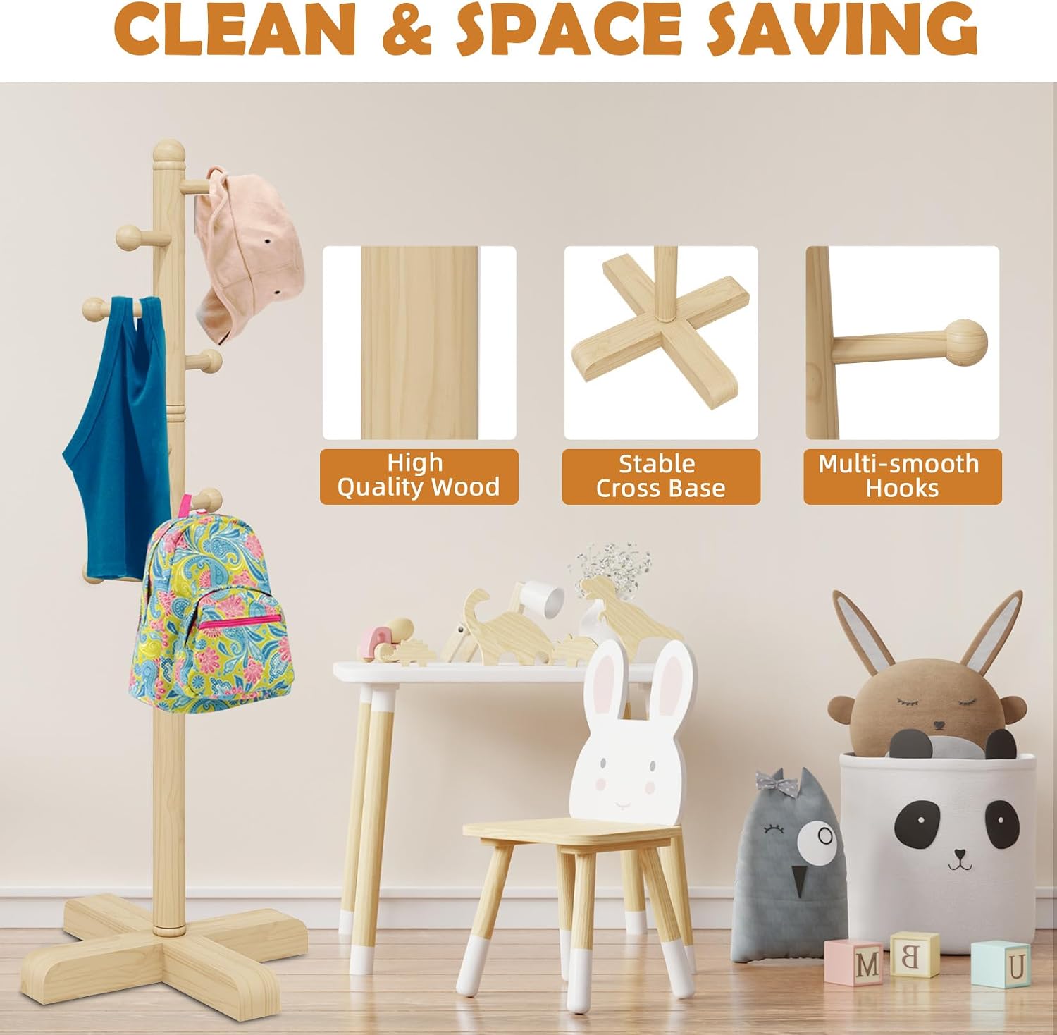 8-Hook Freestanding Wooden Coat Rack 2 Adjustable Heights Nature | Suitable for Bedroom Hallway Entrance Office,Holds Hats Handbags Purses Neatly,Space-Efficient Vertical Stand