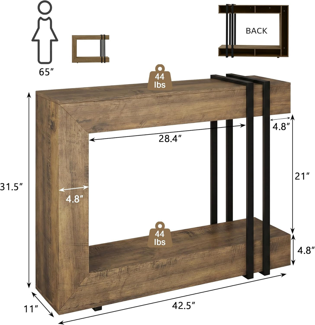 iPormis 42.5-Inch Console Table for Entryway, 2-Tier Sofa Table Behind Couch, Wood Entry Table with Storage & Metal Lines Base for Living Room, Hallway, Foyer, Rustic Brown