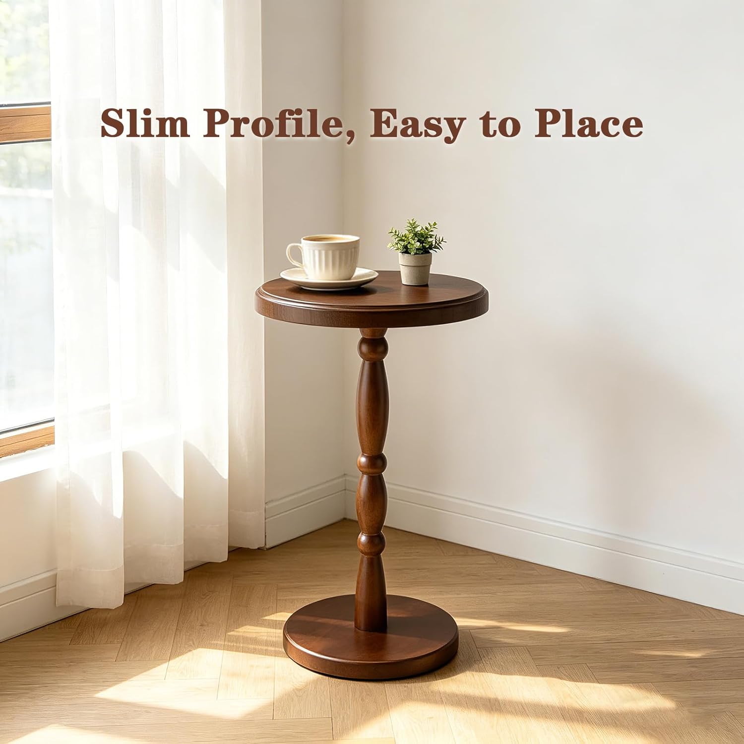 SANY DAYO HOME 12" Real Wood Round Drink Table, Small Pedestal Side Table with Decorative Beaded Design, Accent End Table for Living Room and Bedroom, Brown