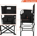 OmySalon 31" Tall Directors Chair Black Folding with Side Table Storage Bag,Aluminum Frame 300 lbs Capacity, 33.8" L x 19.2" W x 45.6" H,Portable Makeup Artist Bar Height