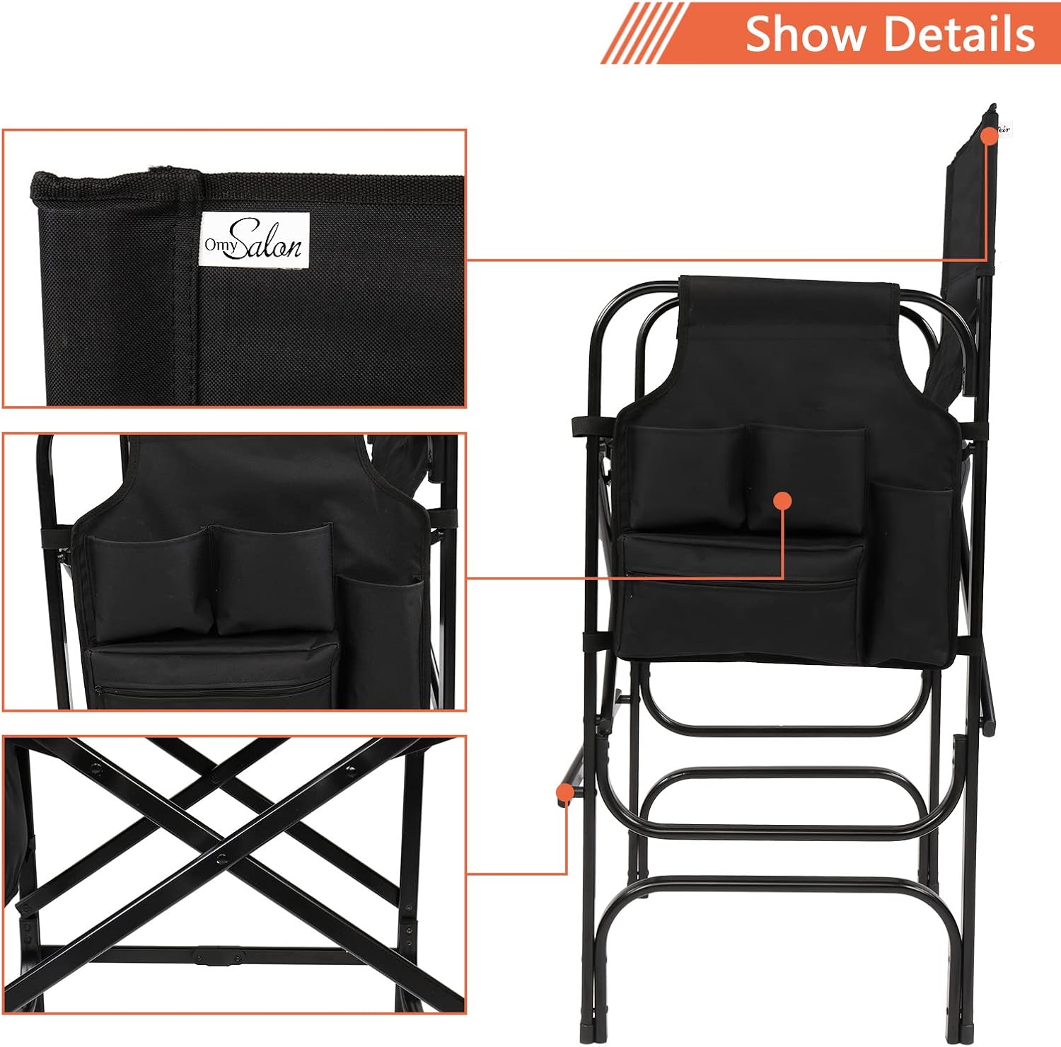 OmySalon 31" Tall Directors Chair Black Folding with Side Table Storage Bag,Aluminum Frame 300 lbs Capacity, 33.8" L x 19.2" W x 45.6" H,Portable Makeup Artist Bar Height