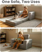 TinyPalsa Foldable Toddler Couch with Soft Sherpa Cover, 2-in-1 Comfy Toddler Sofa & Lounger for 3+ Years Old Girls Boys, Kids Chair with Pockets & Handle for Reading, Playroom (Grey)