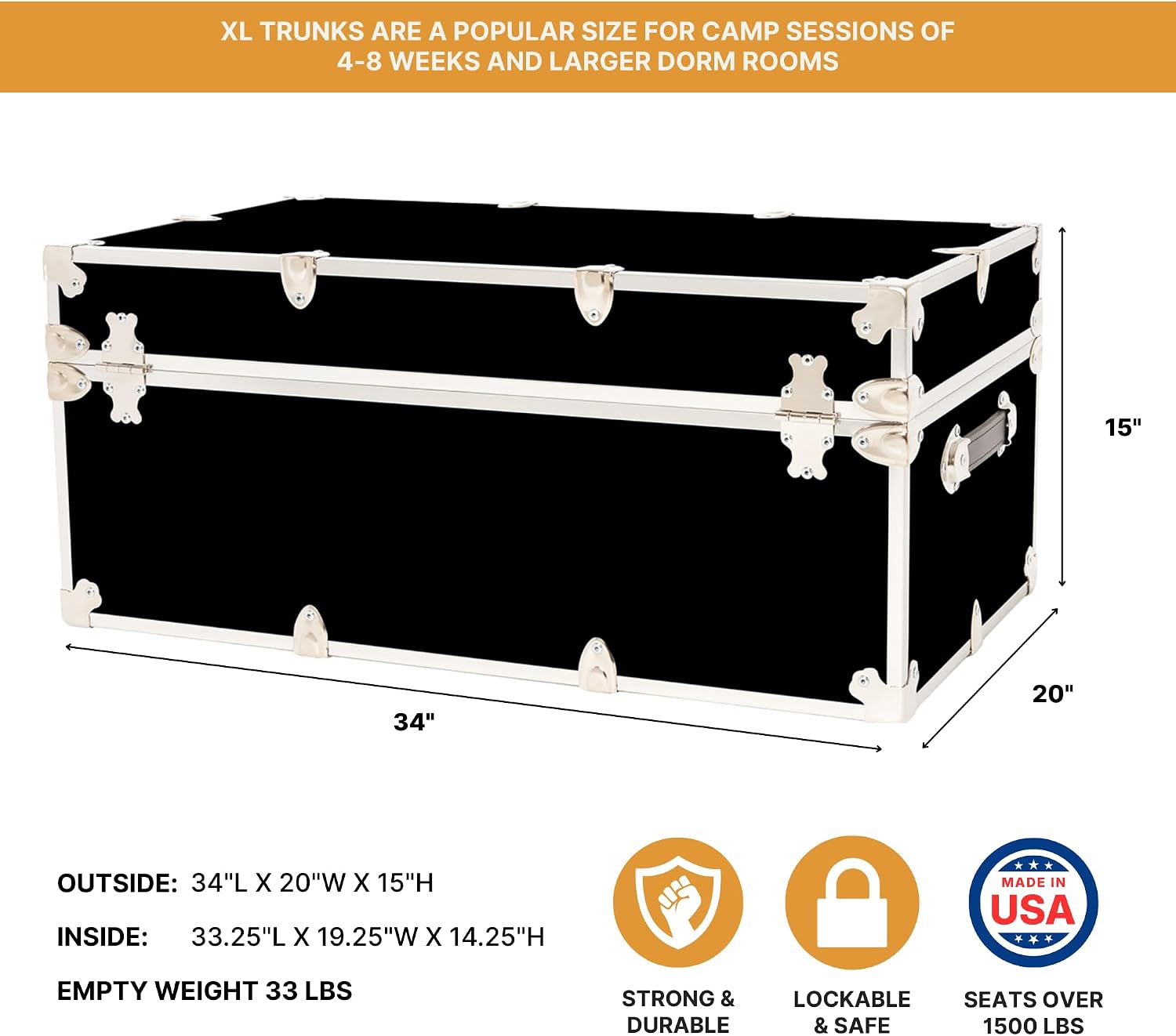 Rhino Trunk & Case Classic XL Trunk With Wheels 34"x20"x15", 1500+ lbs Capacity - Many Colors, Soft-Close Lid. Strong, USA Made Summer Camp Footlocker and Secure College Dorm Storage Chest