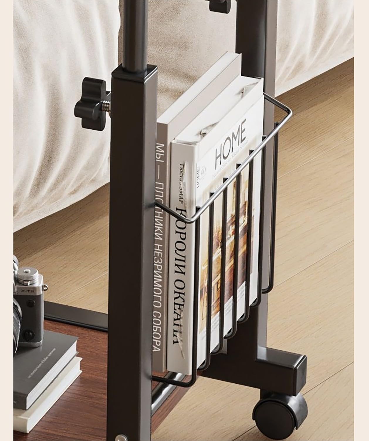C Shaped End Table with Rolling Wheels, Height Adjustable Bedside Desk for Small Space Bedroom, Industrial TV Tray Couch Table Cart for Living Room(White,50x30cm)