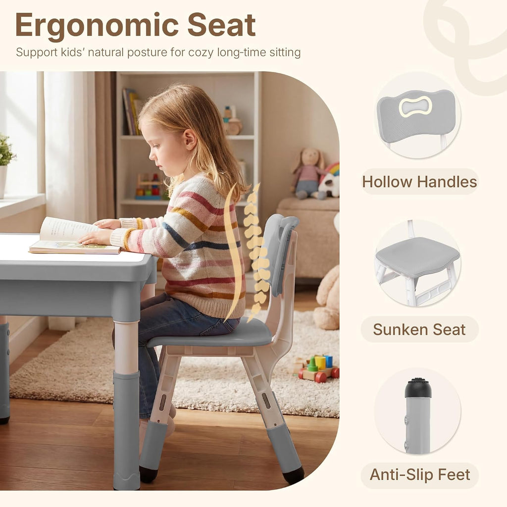 Kids Table and 4 Chairs, 4 in 1 Activity Table w/Reversible Graffiti/Block Building Tabletop, Adjustable Height, Toddler Table and Chair Set with Storage (Gray, 1 Table + 4 Chairs)