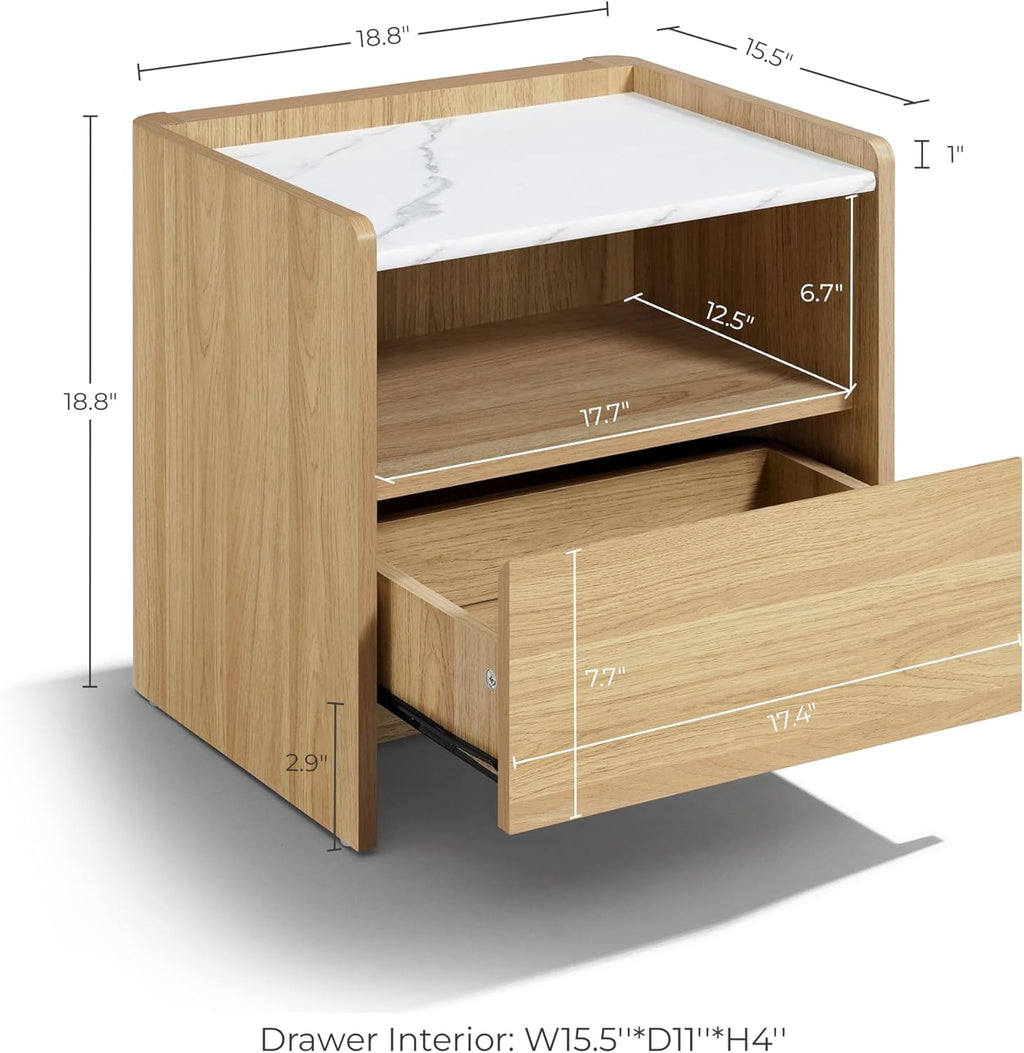 LuxenHome Nightstand with Drawer and Shelf, 18.8'' Wood Japandi Modern Accent End Table with Faux Marble Top, Night Stand with Rounded Corner, Small Bedside Table with Storage for Bedroom,Living Room