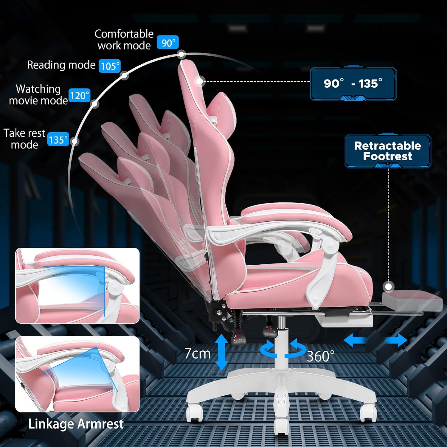 Gaming Chair with Massage Ergonomic Computer Chair with Footrest and Lumbar Support Reclining PC Game Chair for Boys with Adjustable Armrest and Headrest Pink