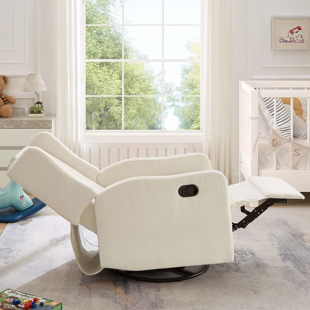 360° Swivel Nursery Glider Recliner Chair, Comfy Upholstered Rocker Recliners for Adults, Modern Ergonomic Nursing Rocking Chair with Footrest and Wingback for Living Room, Bedroom, Lounge, Beige