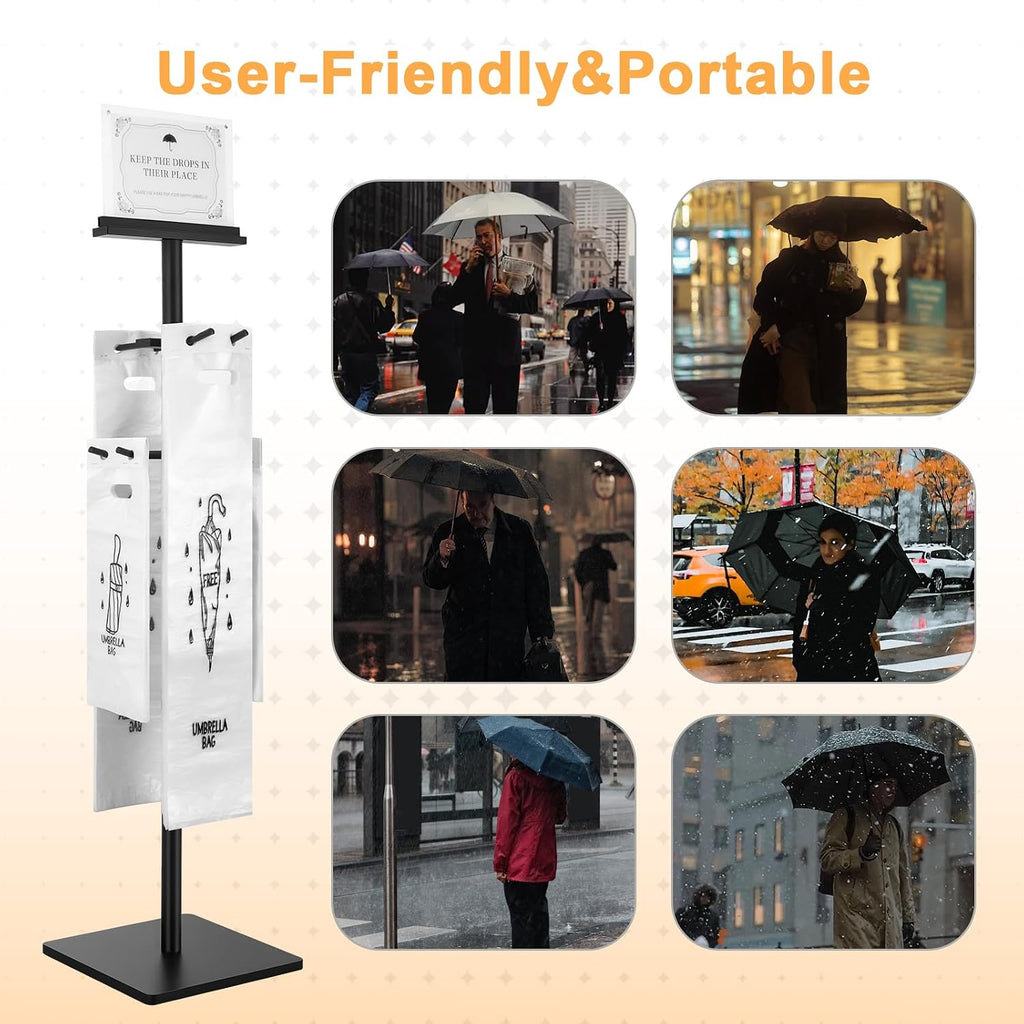Wet Umbrella Bag Stand with 400 Bags, Dual Size Disposable Bags | Metal Holders for Magnetic Signs, Commercial Wet Bag Wrapper Holder Indoor Entryway
