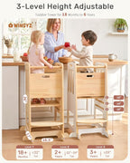 WINGYZ Toddler Tower - Anti-Tip Natural Wood Learning Stool Helper for Kids 18M-6Y, 150lb Capacity Kitchen Stool with 3-Height Adjustable Platform and Sliding Door Access, 20lb Portable Design, Wood
