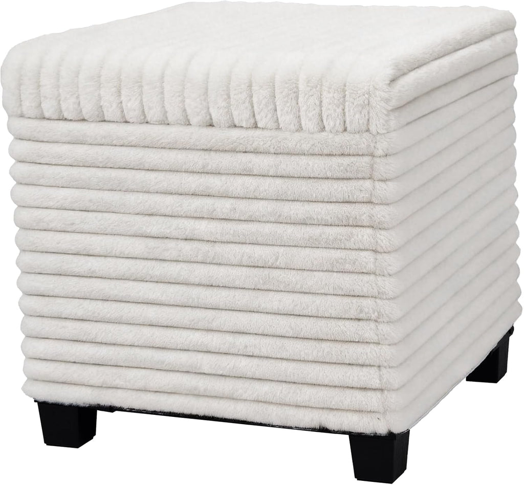ABHENG 17.7 inches Faux Fur Ottomans Cube with Legs, Metal Framed Vanity Stool Chair Storage Ottoman Foot Rest Stool, Holds 770 LB for Dorm Living Room Bedroom White UASND644W