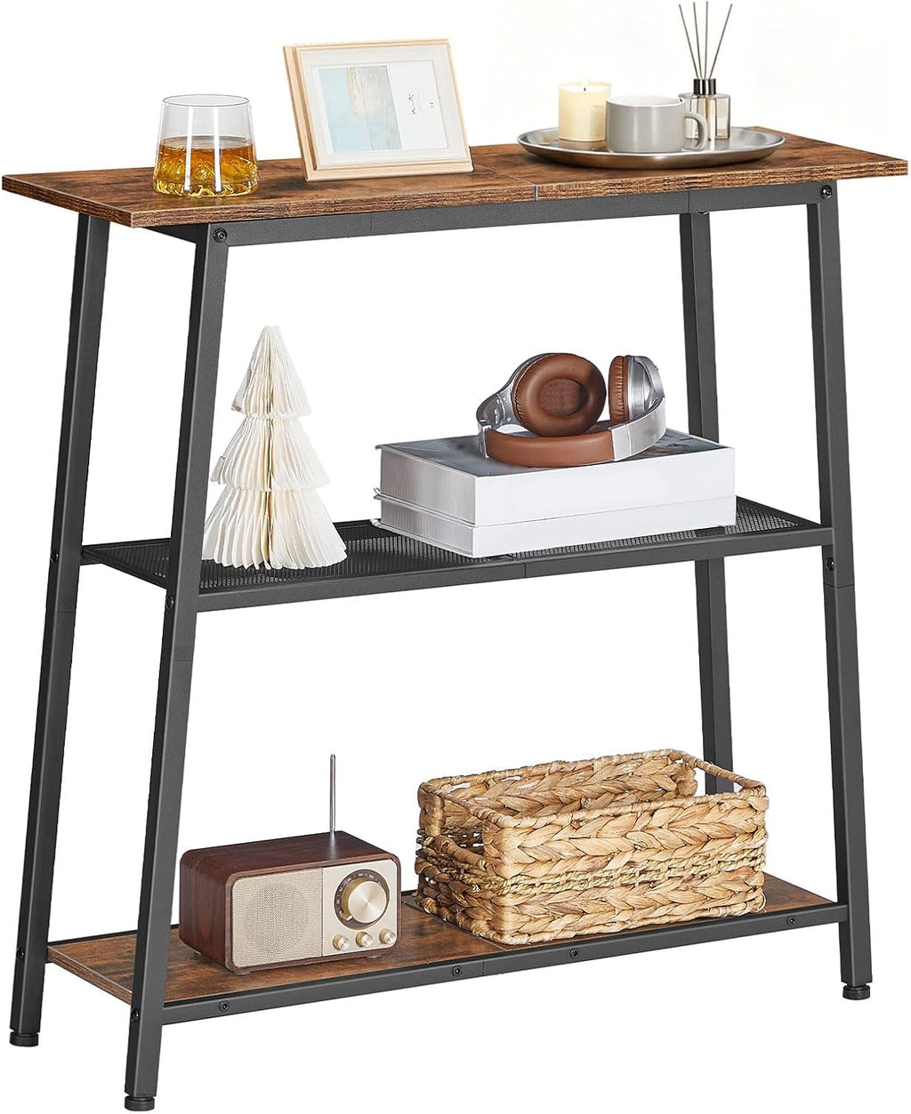 HOOBRO Narrow Console Table, 3-Tier Small Entryway Table with Storage Shelves, Behind Couch Sofa Table, Hallway Table for Entryway, Foyer, Hallway, Living Room, Rustic Brown and Black BF62XG01