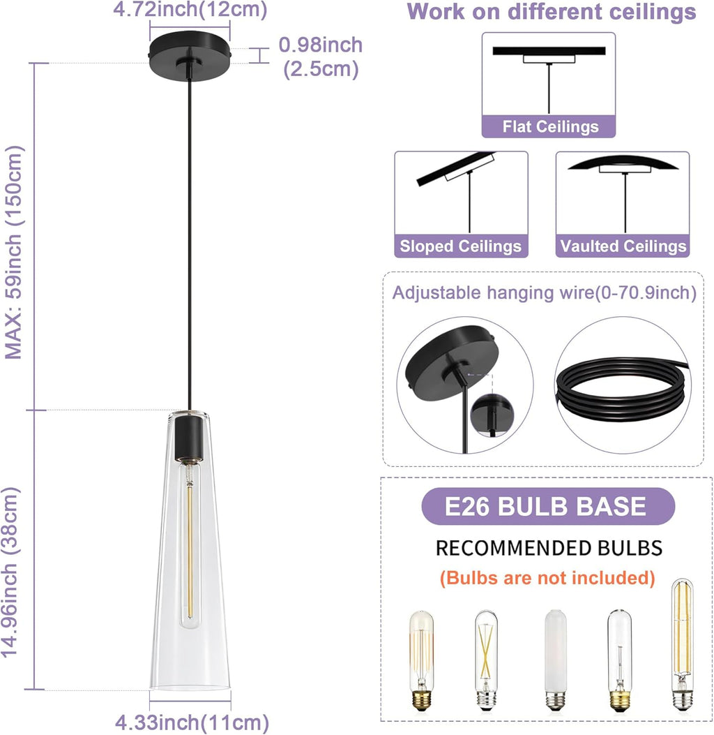 Modern Glass Pendant Lights Kitchen Island, Dimmable Black Pendant Light Fixtures 1 Pack, Adjustable Farmhouse Hanging Light Fixture with Clear Glass Shades for Hallway Dining Room