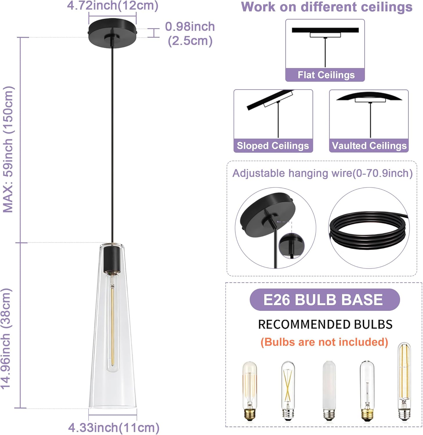 Modern Glass Pendant Lights Kitchen Island, Dimmable Black Pendant Light Fixtures 1 Pack, Adjustable Farmhouse Hanging Light Fixture with Clear Glass Shades for Hallway Dining Room