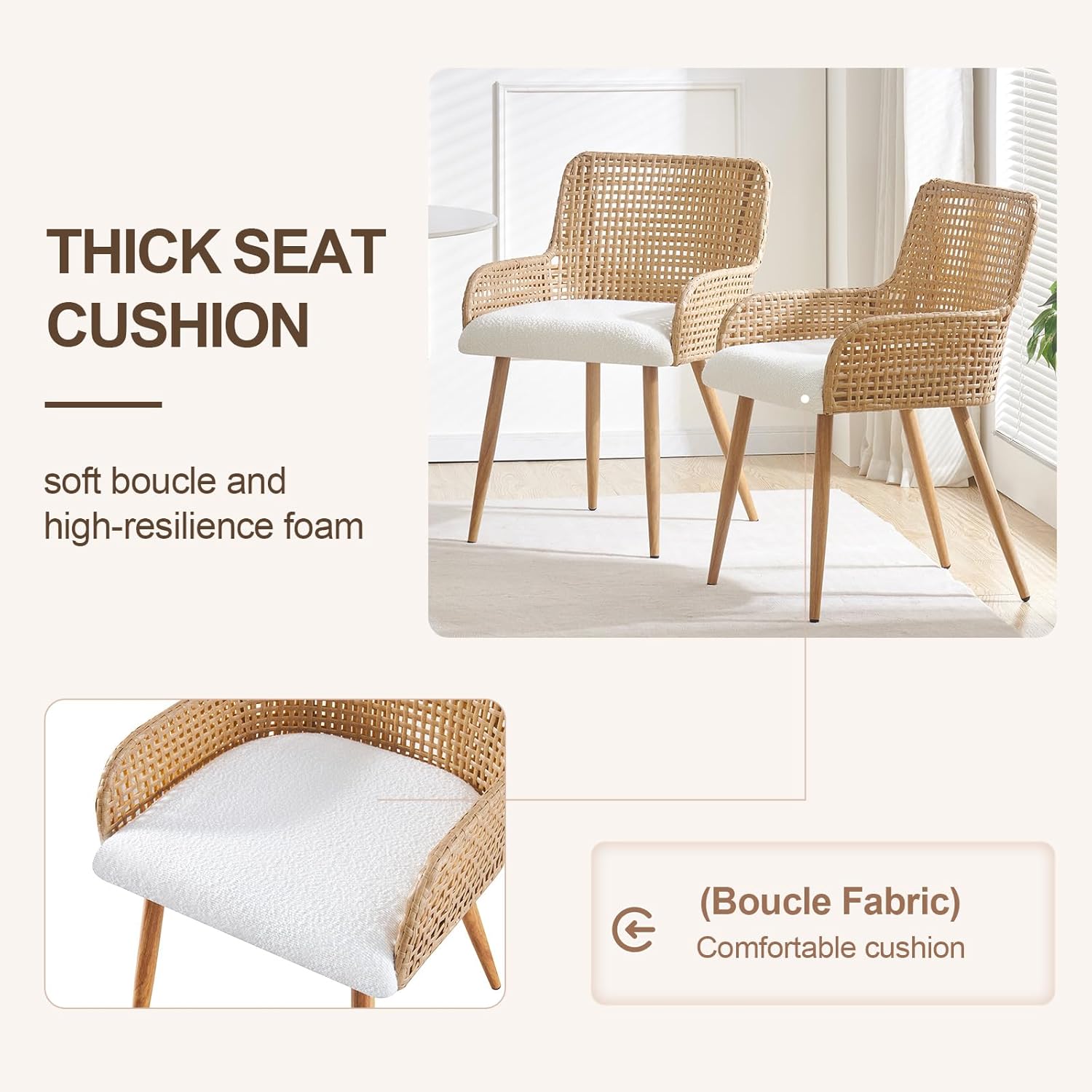 Rattan Dining Chairs Set of 2, Modern Upholstered Boucle Fabric Dining Chairs,Kitchen Room Chairs with Solid Metal Legs and Rattan Back,Brown