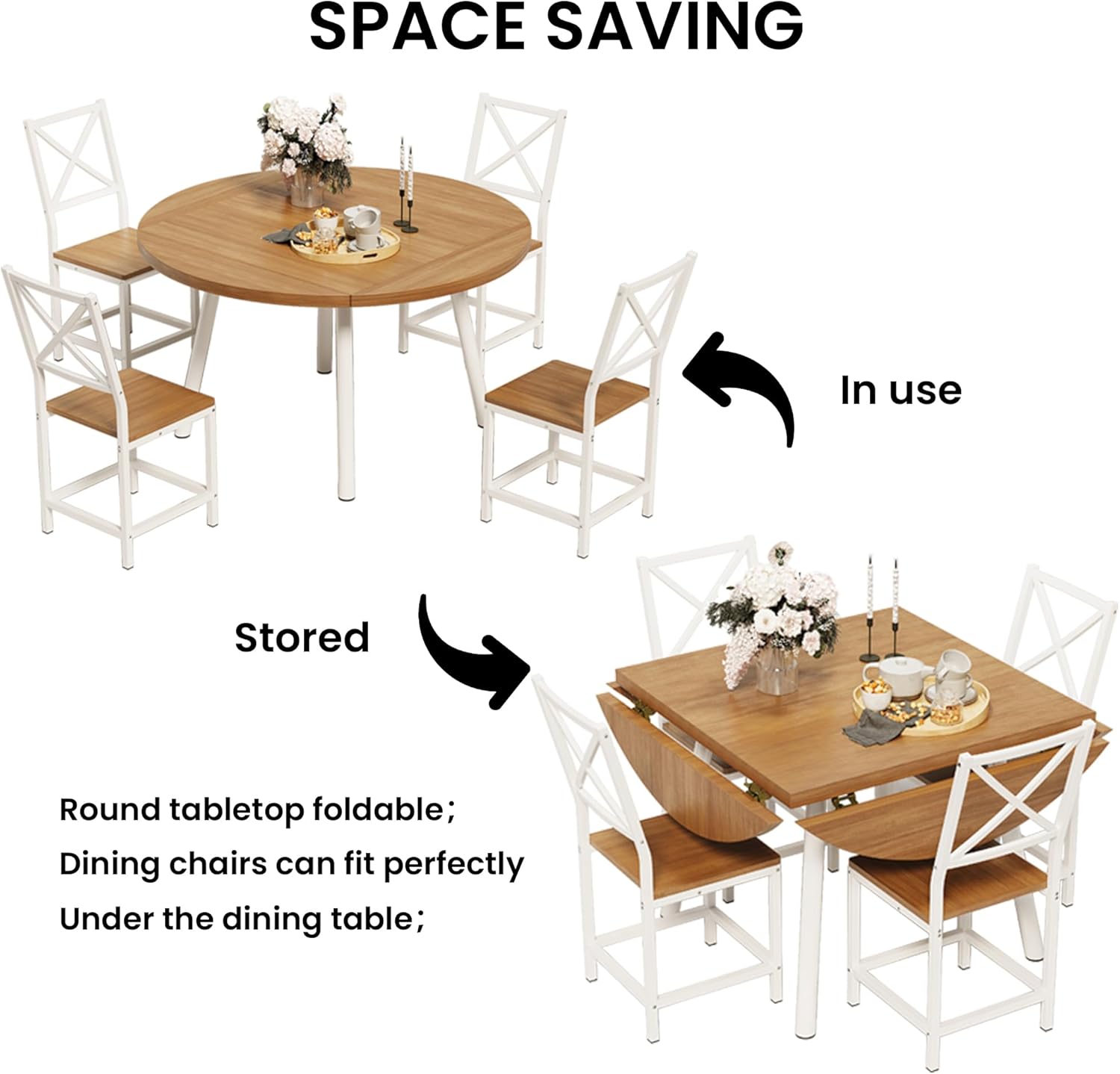 IRONCK Round Dining Table Set for 4, Extendable Kitchen Table with 4 Chairs, 44.5" Drop Leaf Desk, Folding for Small Space, Apartment, Natural Wood