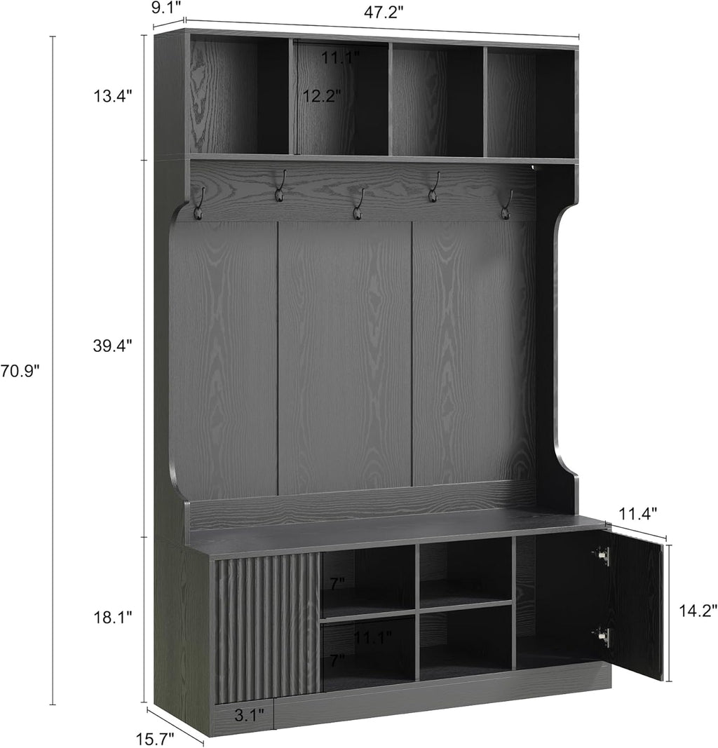 Hall Tree with Bench and Shoe Storage, 5-in-1 Entryway Coat Rack with LED Sensor Light, Hooks and Storage Cubes, Shoe Cabinet with Fluted Door, Modern Hall Tree for Entryway, Living Room