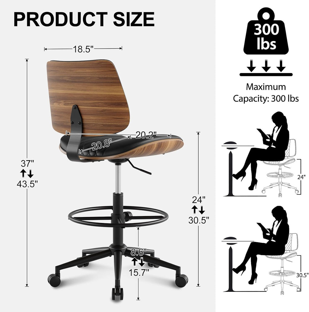 Drafting Chair with Adjustable Footrest, Armless Modern Tall Office Chair for Standing Desk, PU Leather Swivel Stool in Curved Bentwood Style, Ergonomic Rolling Walnut Chair for Office(Black)