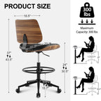 Drafting Chair with Adjustable Footrest, Armless Modern Tall Office Chair for Standing Desk, PU Leather Swivel Stool in Curved Bentwood Style, Ergonomic Rolling Walnut Chair for Office(Black)