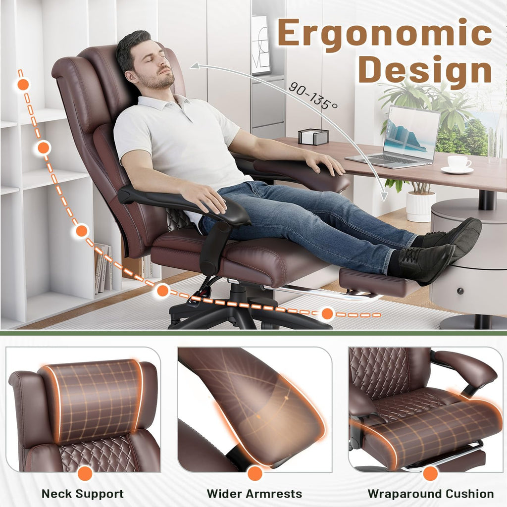 HOMREST 500lbs Big and Tall Office Chair, Ergonomic Heavy Duty Chair with Adjustable Lumbar Support & Backrest, Executive Leather Office Chair with Wide Armrests and Wheels (Brown)