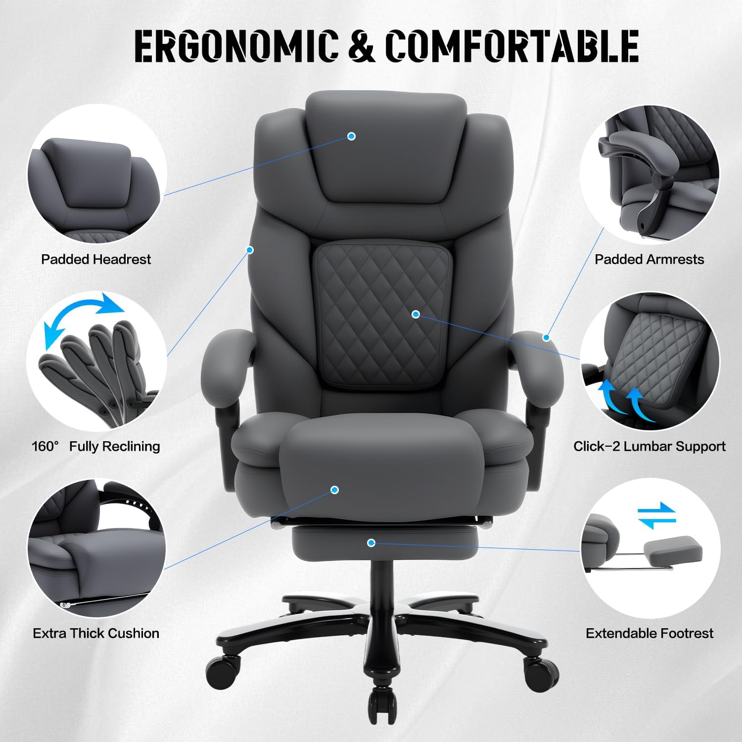 Reclining Office Desk Chair with Footrest Wide Seat Heavy Duty Desk Chair with Lumbar Support, 500lb Faux Leather Big Tall Office Chair with Leg Rest, Grey